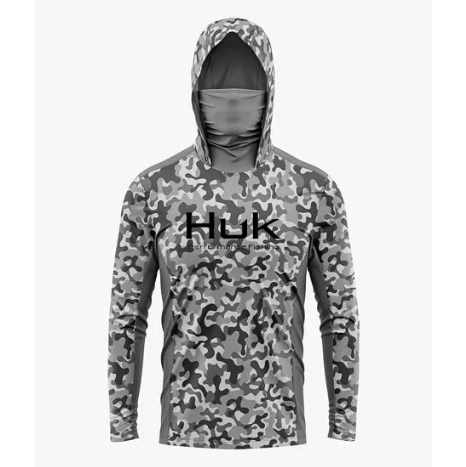 Camouflage hoodie with 'HUK' logo on a white background