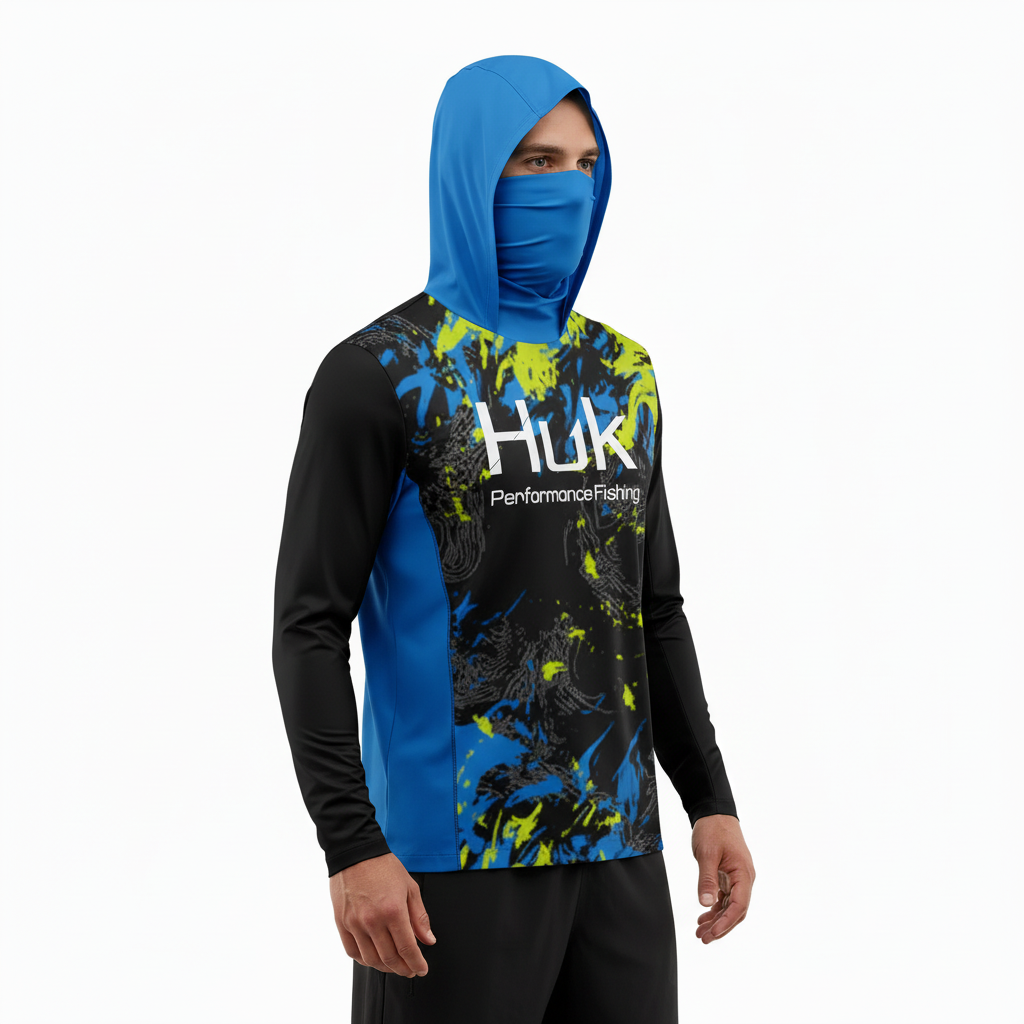 New Blue Splash Upf 50 Hooded Face Cover Fishing Shirts
