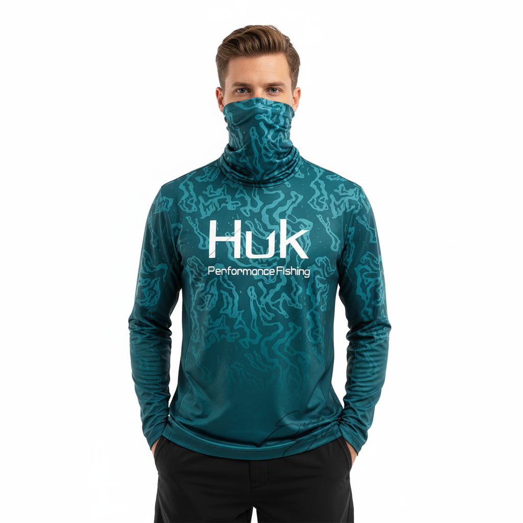 Ocean Blue Upf 50 Hooded Face Cover Fishing Shirt