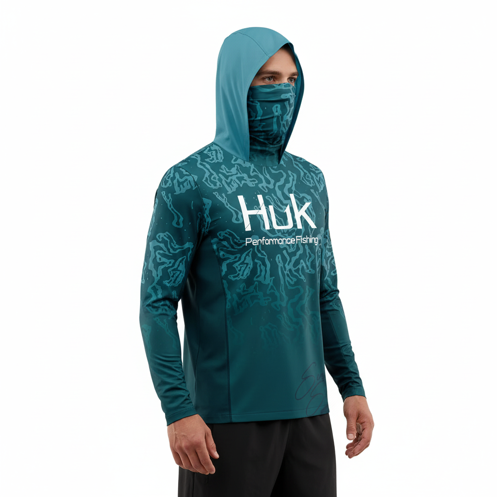 New Ocean Blue Upf 50 Hooded Face Cover Fishing Shirts